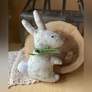 Handmade Fabric Rabbit Reversible White Fleece & Green Floral Cottagecore Decor